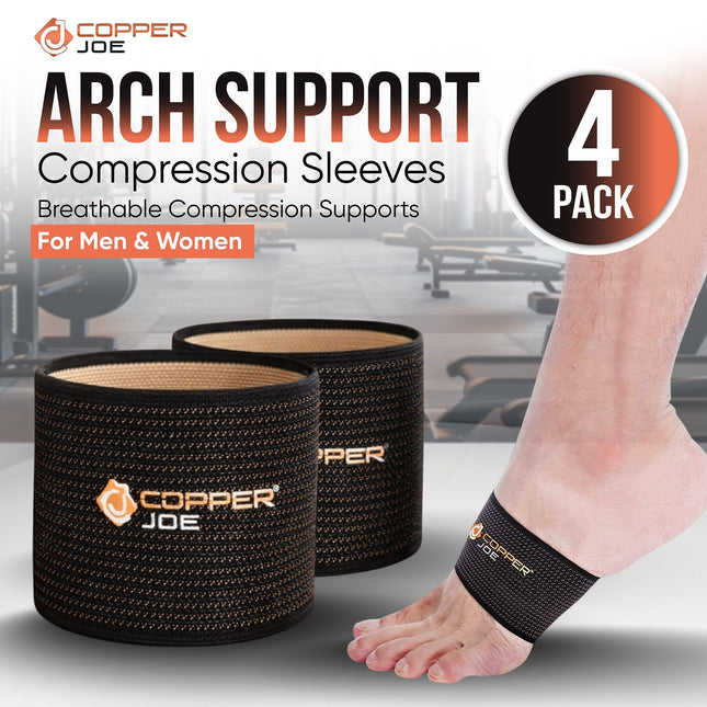 Copper Joe 4 Pack Copper Infused Arch Support Sleeves One Size -Plantar Fasciitis Support Brace for Flat Arches, Foot Care, Feet Pain and Heel Spurs. For Men and Women