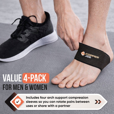 Copper Joe Ultimate Copper Infused Arch Support Sleeves One Size - 4 Pack Plantar Fasciitis Support Brace for Flat Arches, Foot Care, Feet Pain and Heel Spurs. For Men and Women