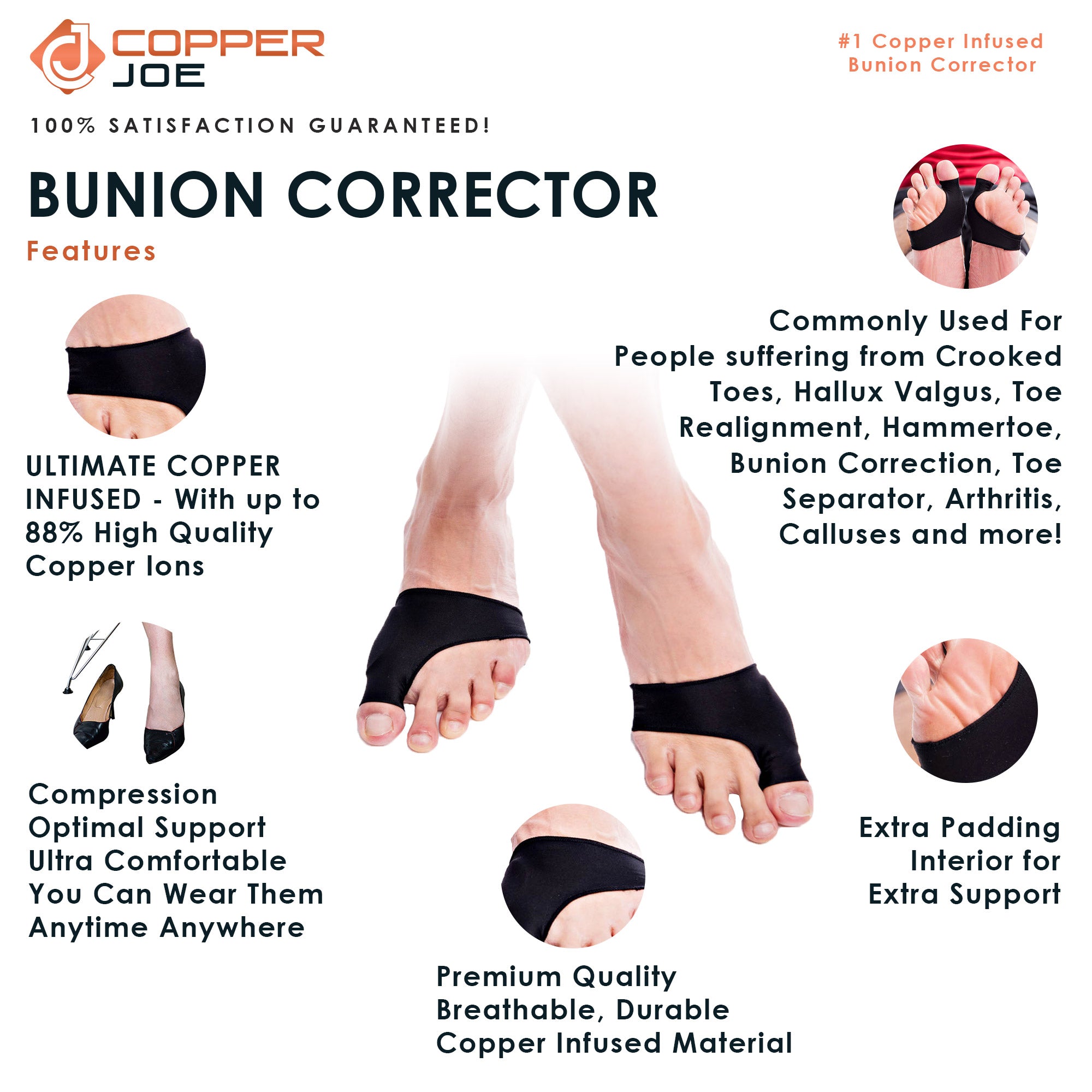 Copper Joe Big Toe Bunion Corrector Sleeves- Ultimate Copper Infused Compression Gel Pads Hallux Valgus Corrector and Shoe Friction Protector. Orthopedic Bunion Corrector- For Men and Women