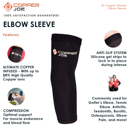 2 Pack - Copper Joe Recovery Elbow Compression Sleeve - Ultimate Copper Relief Elbow Brace for Arthritis, Golfers or Tennis Elbow and Tendonitis. Elbow Support Arm Sleeves For Men and Women