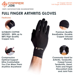 Copper Joe Full Finger Ultimate Copper Infused Arthritis Hand Compression Gloves- For Computer Typing, Carpal Tunnel, Rheumatoid and Tendonitis. For Men and Women (1 Pair)
