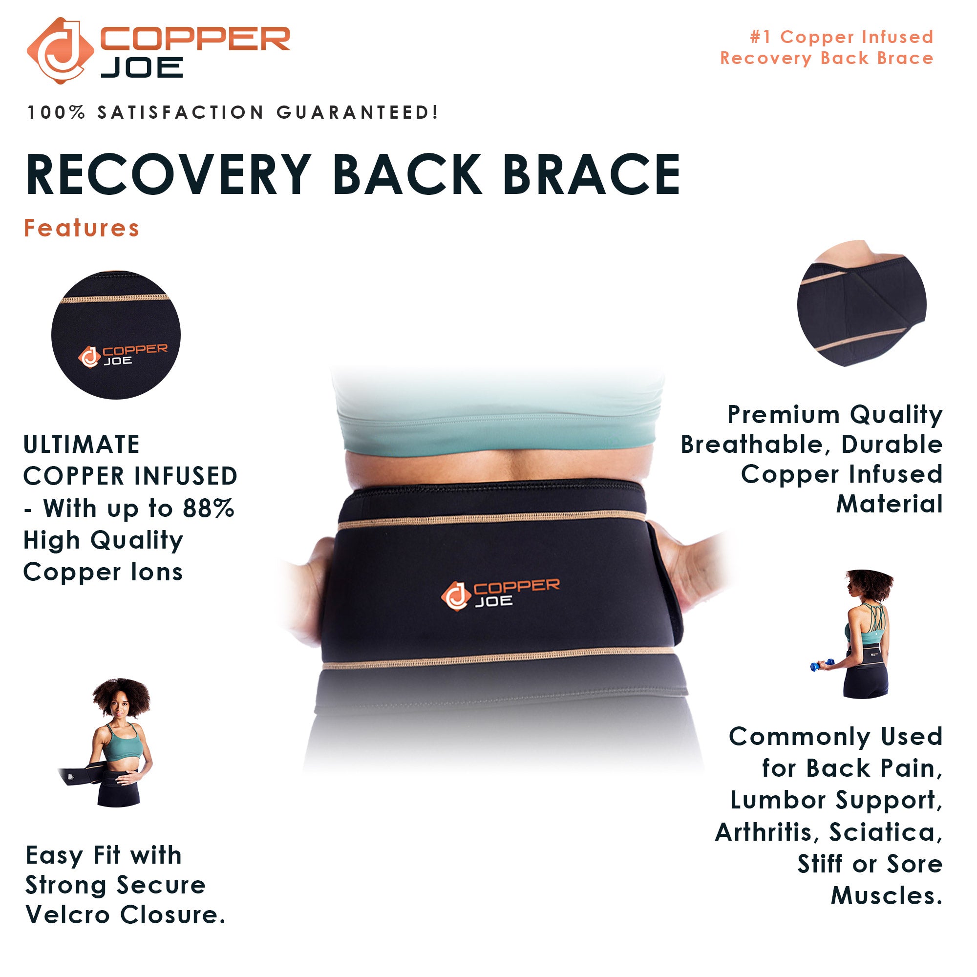 Copper Joe Back Brace for Lower Back Pain Relief, Back Support Belt Men and  Women With Adjustable Black Velcro Lumbar Support Belt for Sciatica - L/XL