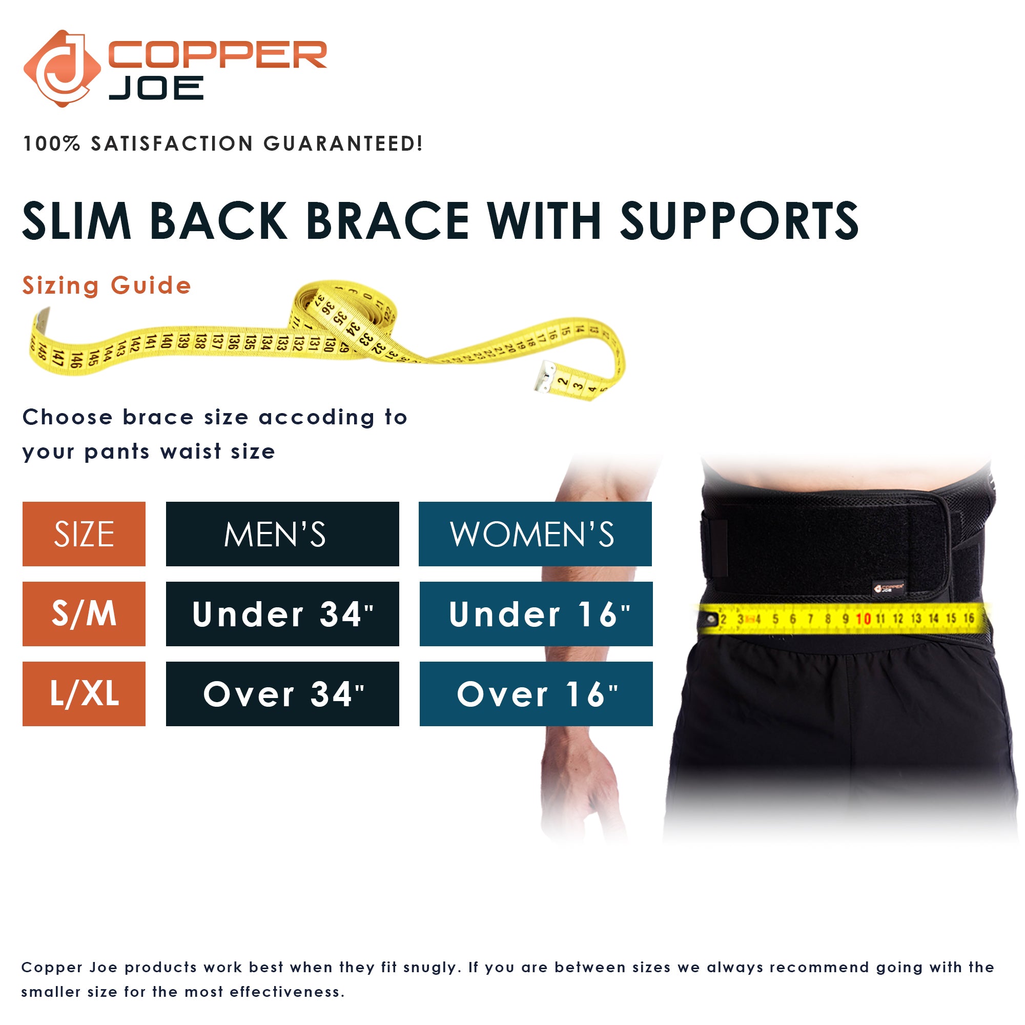 Copper Joe Ultimate Copper Infused Back Brace - Relief from Back Pain, Herniated Disc, Sciatica, Scoliosis and more! Breathable Waist Lumbar Lower Back Brace w Slim Design and Extra Support Bars. For Men and Women