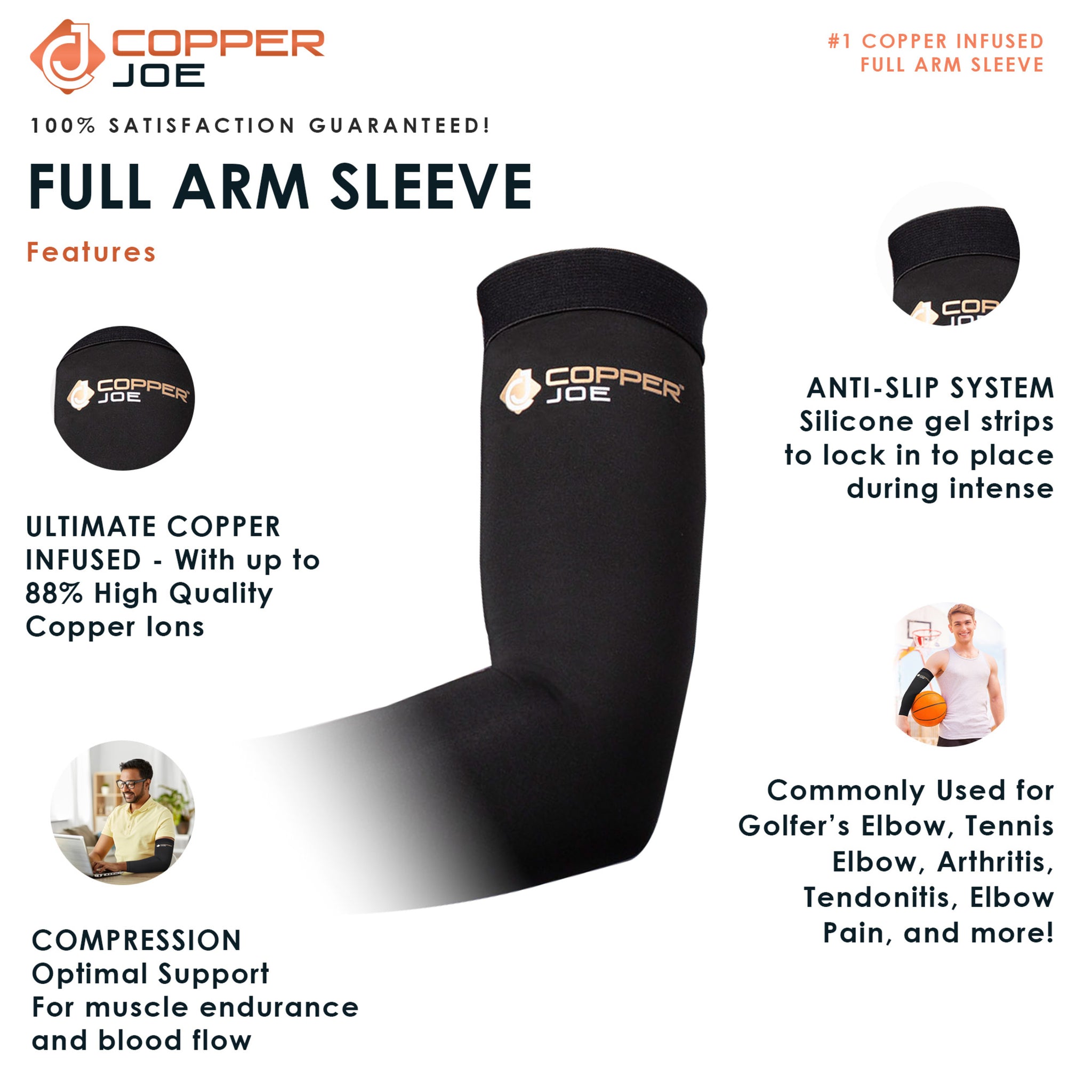 Copper Joe Recovery Arm Compression Sleeve - Ultimate Copper Relief Elbow Brace for Arthritis, Golfers or Tennis Elbow and Tendonitis. Elbow Support Arm Sleeves For Men and Women