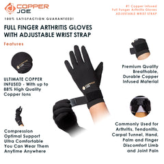 Copper Joe Full Finger Arthritis Gloves with Adjustable Strap - Ultimate Copper Infused Arthritis Hand Compression Gloves For Computer Typing, Carpal Tunnel, Rheumatoid and Tendonitis. For Men and Women