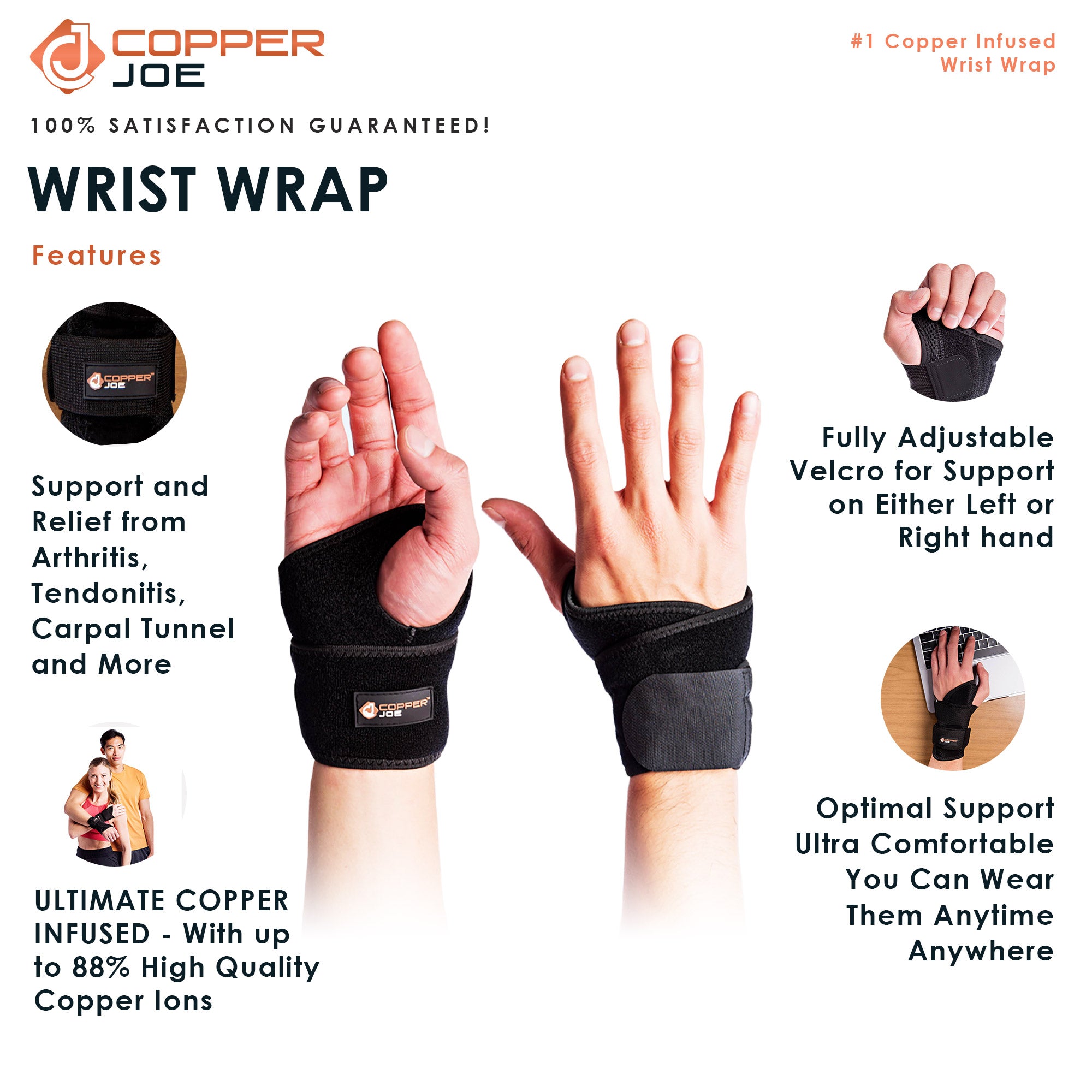 Copper Joe Wrist Strap/Wrist Brace/Wrist Wrap/Hand Support for Wrists, Arthritis, Carpal Tunnel, Tendonitis. Wrist Sleeve for Men & Women for Right and Left Hand