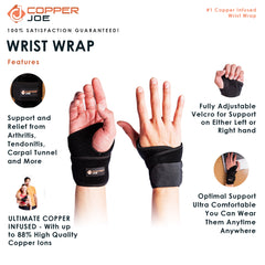 Copper Joe Wrist Strap/Wrist Brace/Wrist Wrap/Hand Support for Wrists, Arthritis, Carpal Tunnel, Tendonitis. Wrist Sleeve for Men & Women for Right and Left Hand